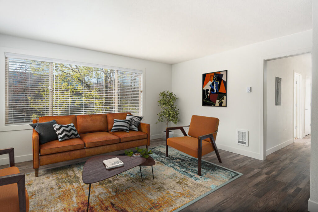 Living room with orange couches
